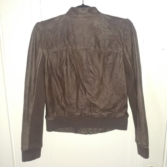 Hinge: Brown Genuine Leather Jacket With Knit Trim - Women's Size Small - Picture 11 of 15